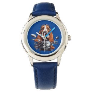 Cool dog biker, cute basset hound dog driver watch