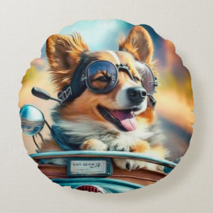Cool dog biker, cute driving dog round pillow