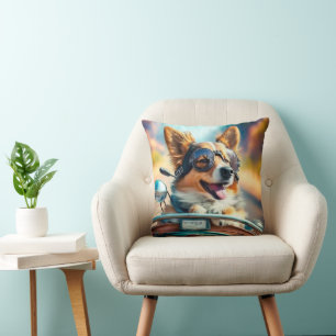 Cool dog biker, cute driving dog throw pillow