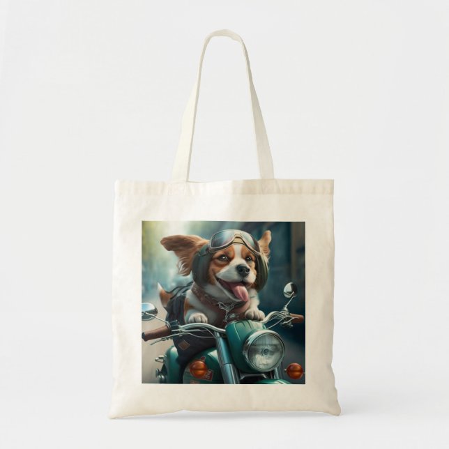 Cool dog biker, cute driving dog tote bag (Front)