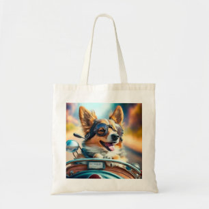 Cool dog biker, cute driving dog tote bag
