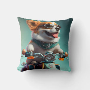 Cool dog biker is driving  funny cute throw pillow