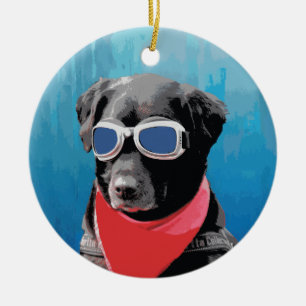Cool Dog Black Lab Red Bandanna Blue Goggles Ceramic Tree Decoration
