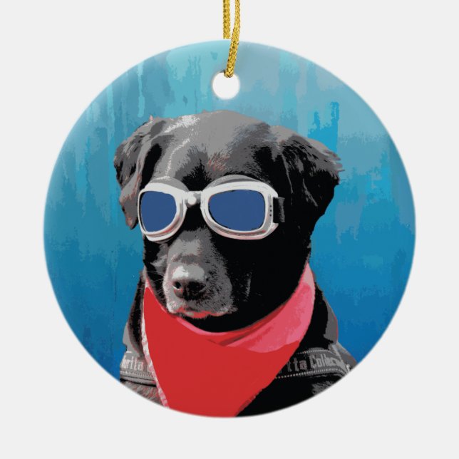 Cool Dog Black Lab Red Bandanna Blue Goggles Ceramic Tree Decoration (Front)