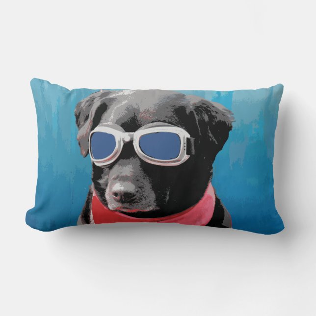 Cool Dog Black Lab Red Bandanna Blue Goggles Lumbar Cushion (Front)