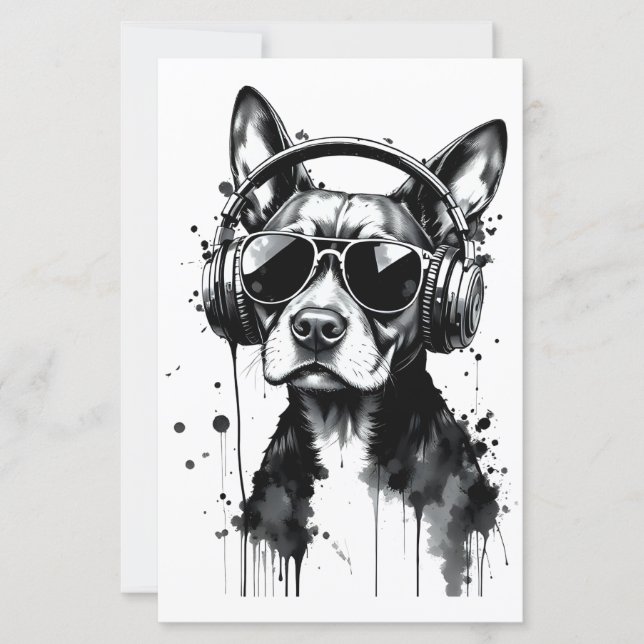 Cool Dog headphones Cute Pets Black and white ink (Front)