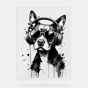Cool Dog headphones Cute Pets Black and white ink Acrylic Sign
