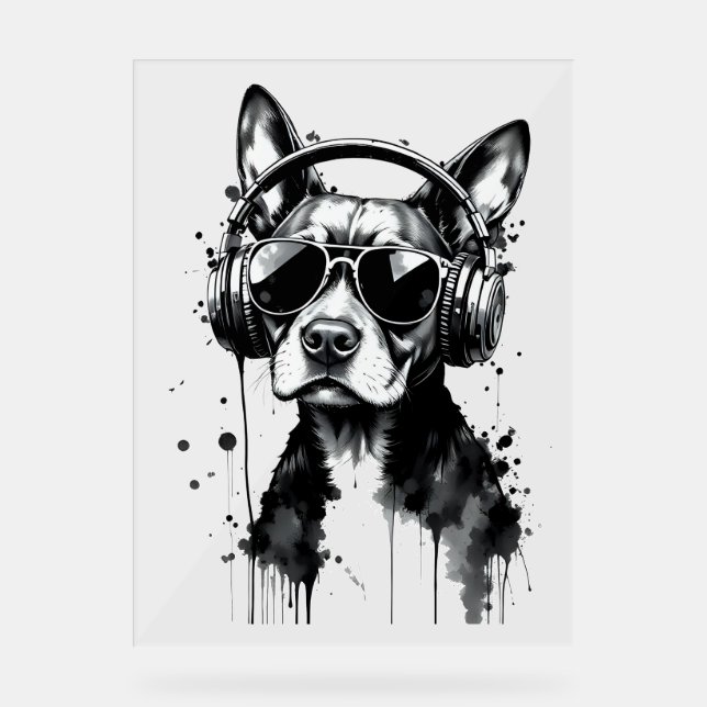 Cool Dog headphones Cute Pets Black and white ink Acrylic Sign (Front)