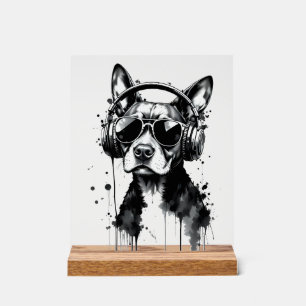 Cool Dog headphones Cute Pets Black and white ink Acrylic Sign