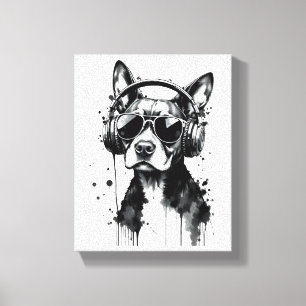 Cool Dog headphones Cute Pets Black and white ink Canvas Print