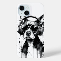 Cool Dog headphones Cute Pets Black and white ink