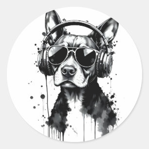 Cool Dog headphones Cute Pets Black and white ink Classic Round Sticker