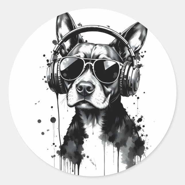 Cool Dog headphones Cute Pets Black and white ink Classic Round Sticker (Front)