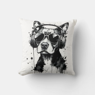 Cool Dog headphones Cute Pets Black and white ink Cushion