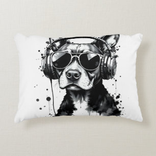 Cool Dog headphones Cute Pets Black and white ink Decorative Cushion