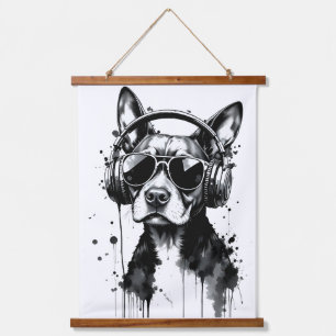 Cool Dog headphones Cute Pets Black and white ink Hanging Tapestry