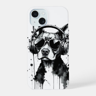 Cool Dog headphones Cute Pets Black and white ink iPhone 15 Case