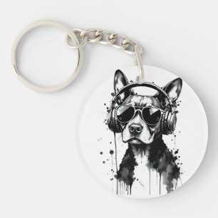 Cool Dog headphones Cute Pets Black and white ink Key Ring