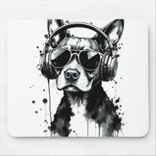 Cool Dog headphones Cute Pets Black and white ink Mouse Mat