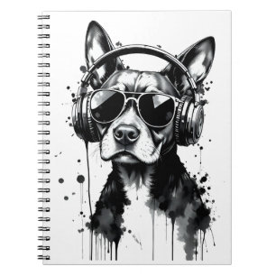 Cool Dog headphones Cute Pets Black and white ink Notebook