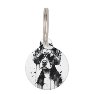 Cool Dog headphones Cute Pets Black and white ink Pet Tag