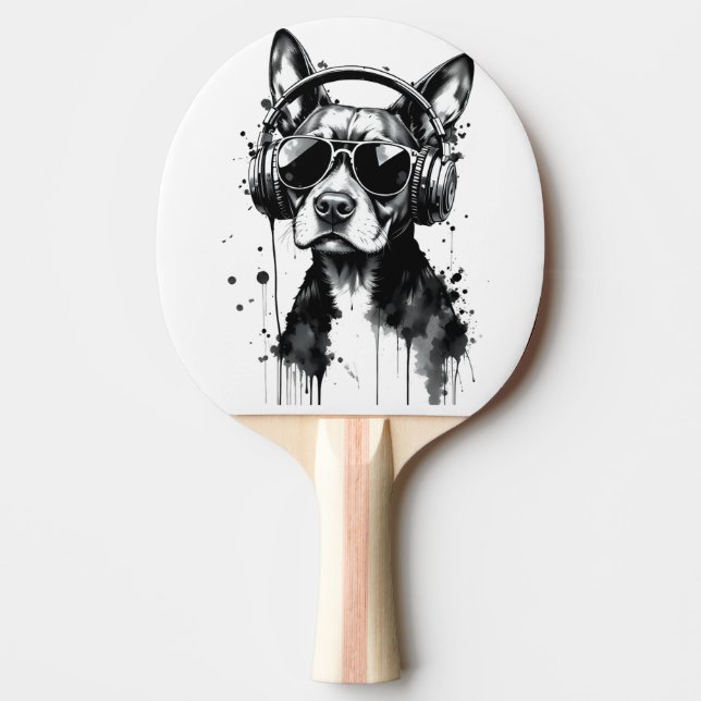 Cool Dog headphones Cute Pets Black and white ink Ping Pong Paddle (Front)