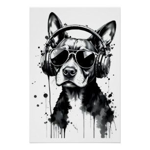 Cool Dog headphones Cute Pets Black and white ink Poster