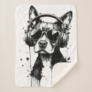 Cool Dog headphones Cute Pets Black and white ink Sherpa Blanket