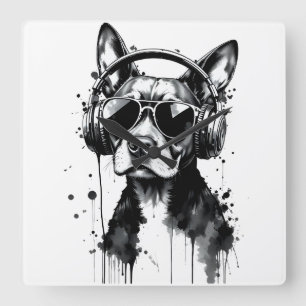 Cool Dog headphones Cute Pets Black and white ink Square Wall Clock