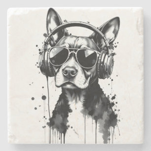 Cool Dog headphones Cute Pets Black and white ink Stone Coaster