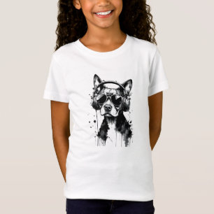 Cool Dog headphones Cute Pets Black and white ink T-Shirt