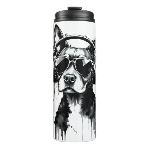 Cool Dog headphones Cute Pets Black and white ink Thermal Tumbler