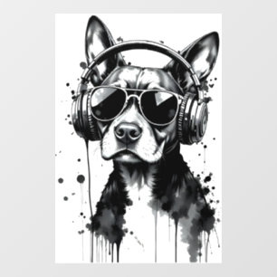 Cool Dog headphones Cute Pets Black and white ink Window Cling
