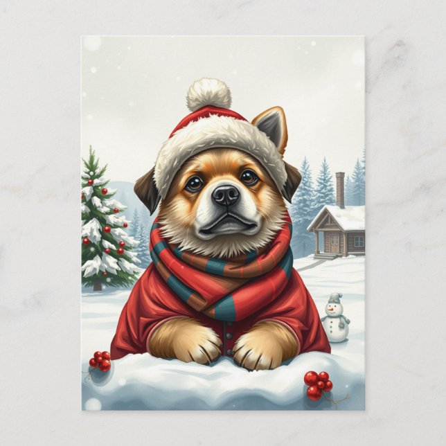 Cool Dog in Preppy Winter Attire and Hat Winter Holiday Postcard (Front)