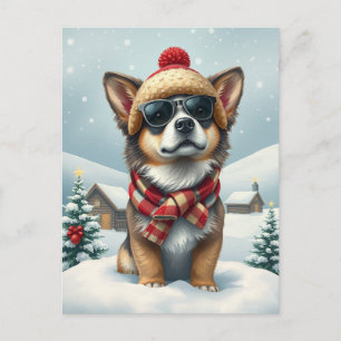 Cool Dog in Preppy Winter Attire and Hat Winter Holiday Postcard