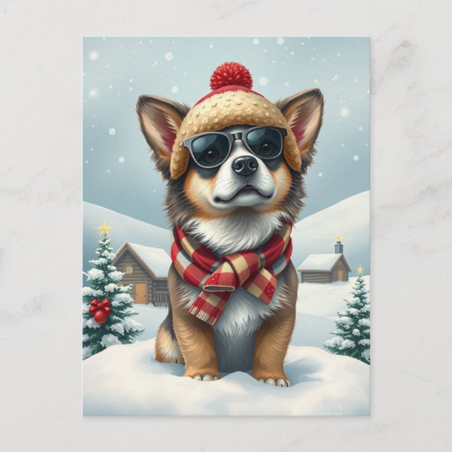 Cool Dog in Preppy Winter Attire and Hat Winter Holiday Postcard (Front)