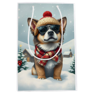 Cool Dog in Preppy Winter Attire and Hat Winter Medium Gift Bag