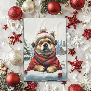 Cool Dog in Preppy Winter Attire and Hat Winter Tea Towel
