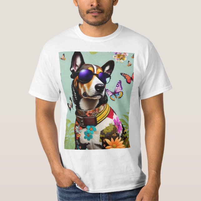 Cool Dog In Sunglasses With Flowers & Butterflies T-Shirt (Front)