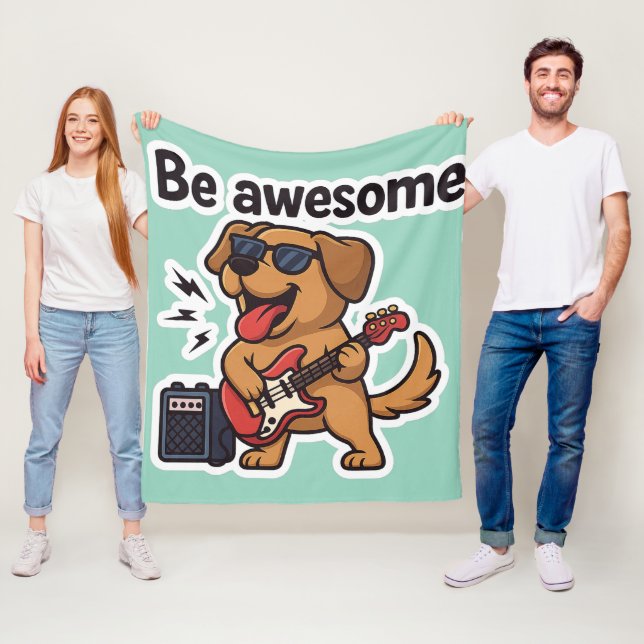 Cool Dog Rocking Guitar Sticker | Be Awesome Vibes Fleece Blanket (In Situ)