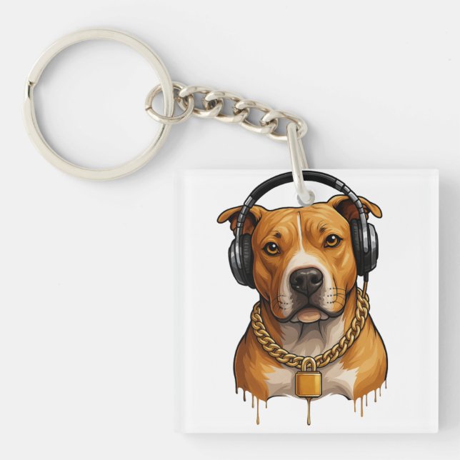 Cool Dog with Headphones and Gold Chain – Urban St Key Ring (Front)
