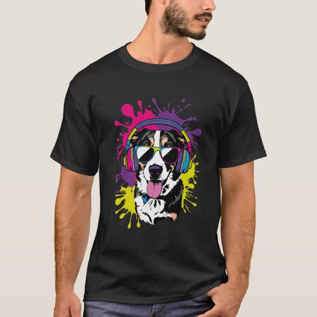 Cool Dog with Headphones Pop Art Design T-Shirt (Front)