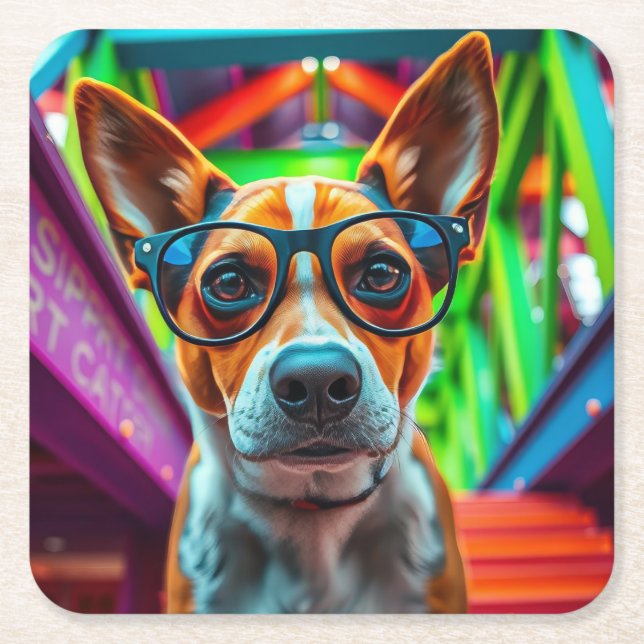 Cool Dog with Sunglasses Square Paper Coaster (Front)