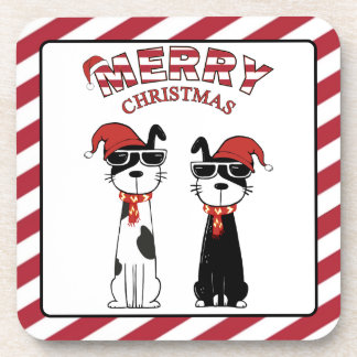 Cool Dogs Striped Merry Christmas Coaster