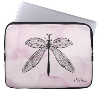 Cool Dragonfly Cottagecore Pink Monogram Laptop Sleeve