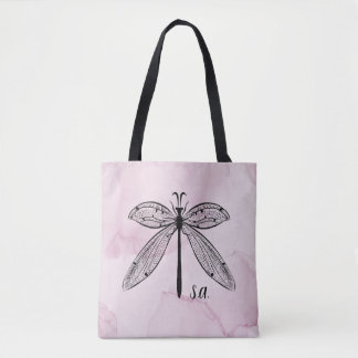 Cool Dragonfly Cottagecore Pink Monogram Tote Bag
