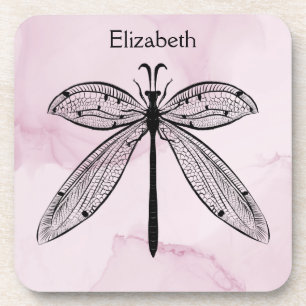 Cool Dragonfly Cottagecore Pink Name Coaster