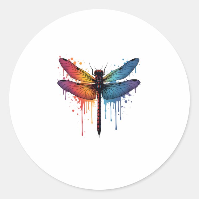 Cool Dragonfly on colourful painted Dragonfly Classic Round Sticker (Front)