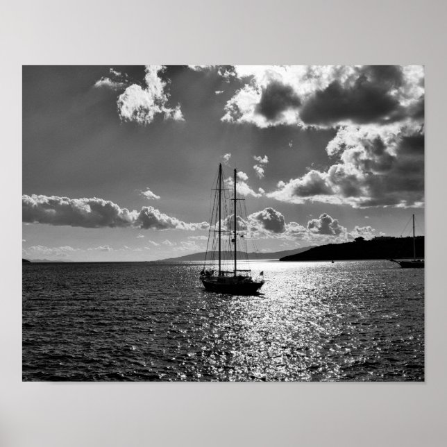 Cool dramatic sky over yacht on sea poster (Front)