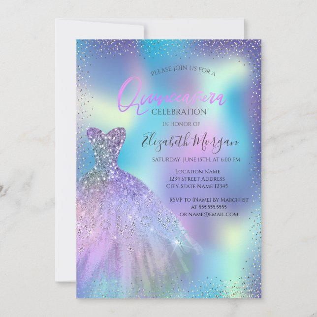 Cool Dress,Confetti Holographic Quinceañera Invitation (Front)